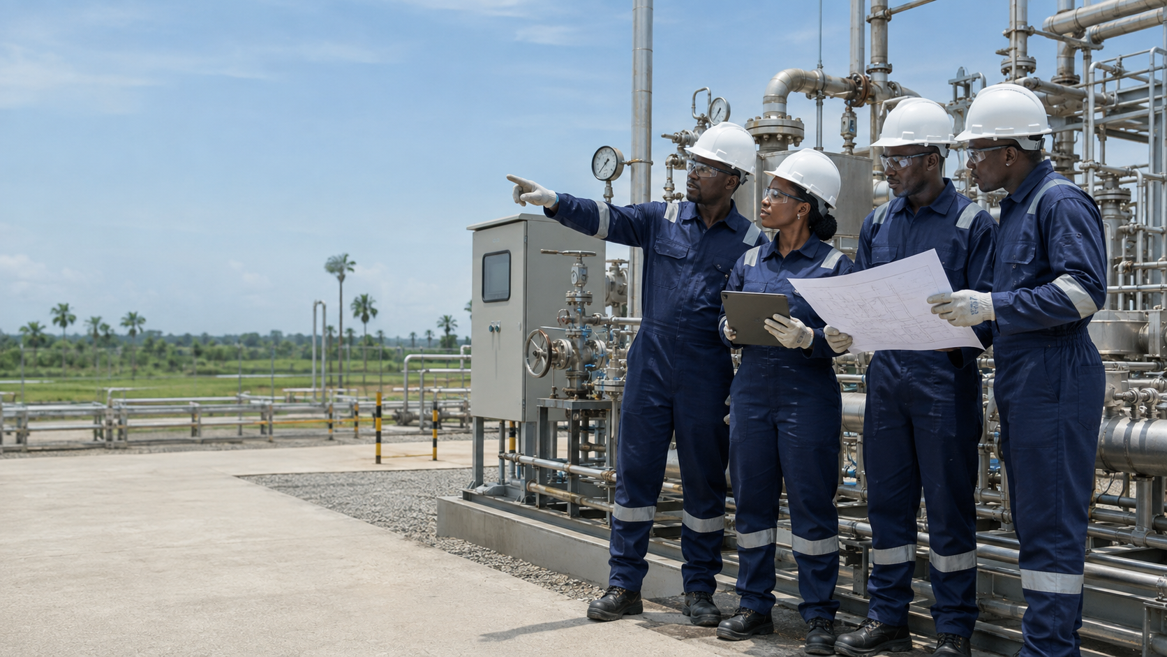 Field engineering and commissioning team reviewing gas process infrastructure